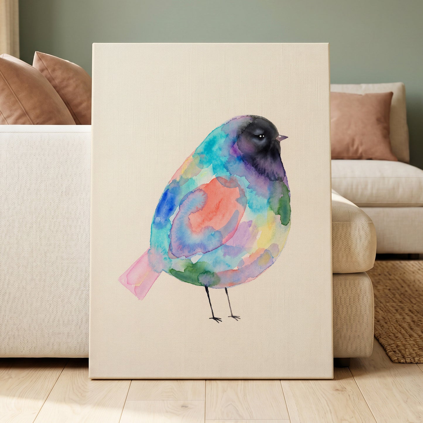 Prismatic Songbird, multicolor, black, green nature wall art displayed in a styled interior, gallery view 7