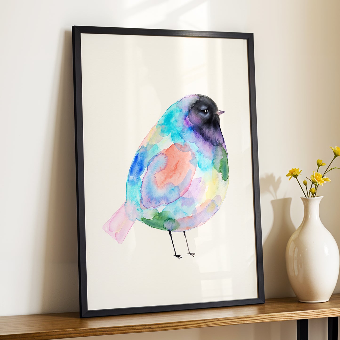 Prismatic Songbird, multicolor, black, green nature wall art displayed in a styled interior, gallery view 9