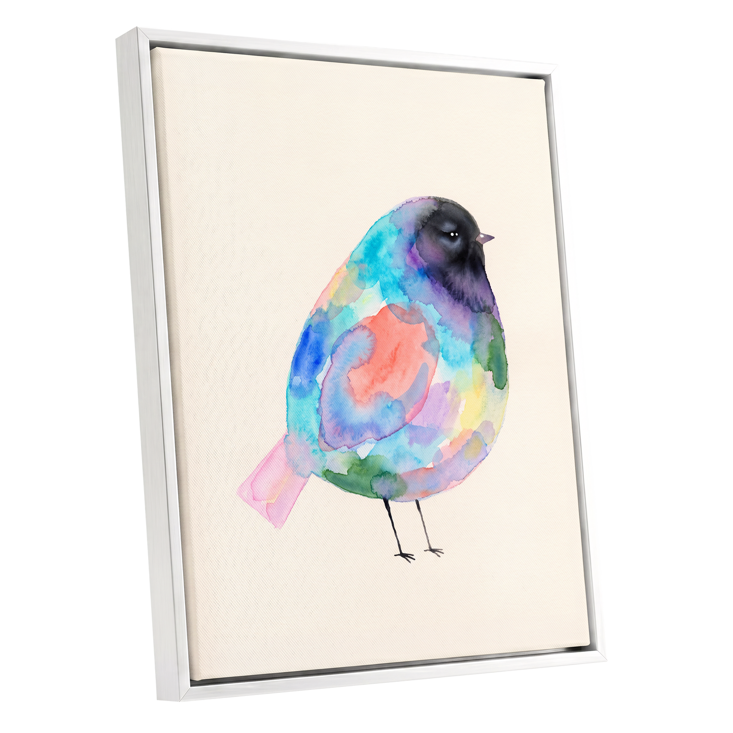Prismatic Songbird, multicolor, black, green nature wall art shown as a white framed canvas wall art