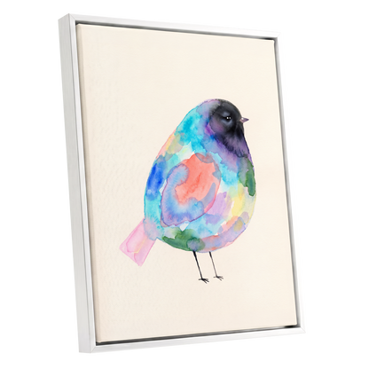Prismatic Songbird, multicolor, black, green nature wall art shown as a white framed canvas wall art