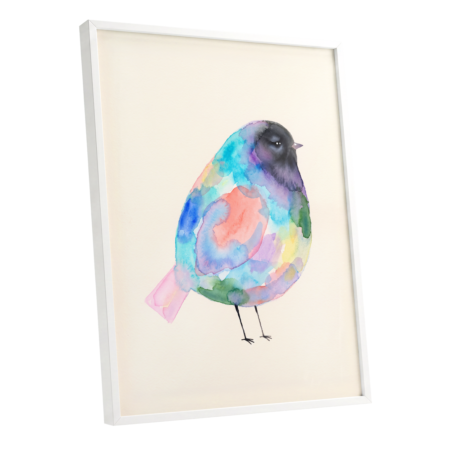 Prismatic Songbird, multicolor, black, green nature wall art shown as a white framed poster wall art print