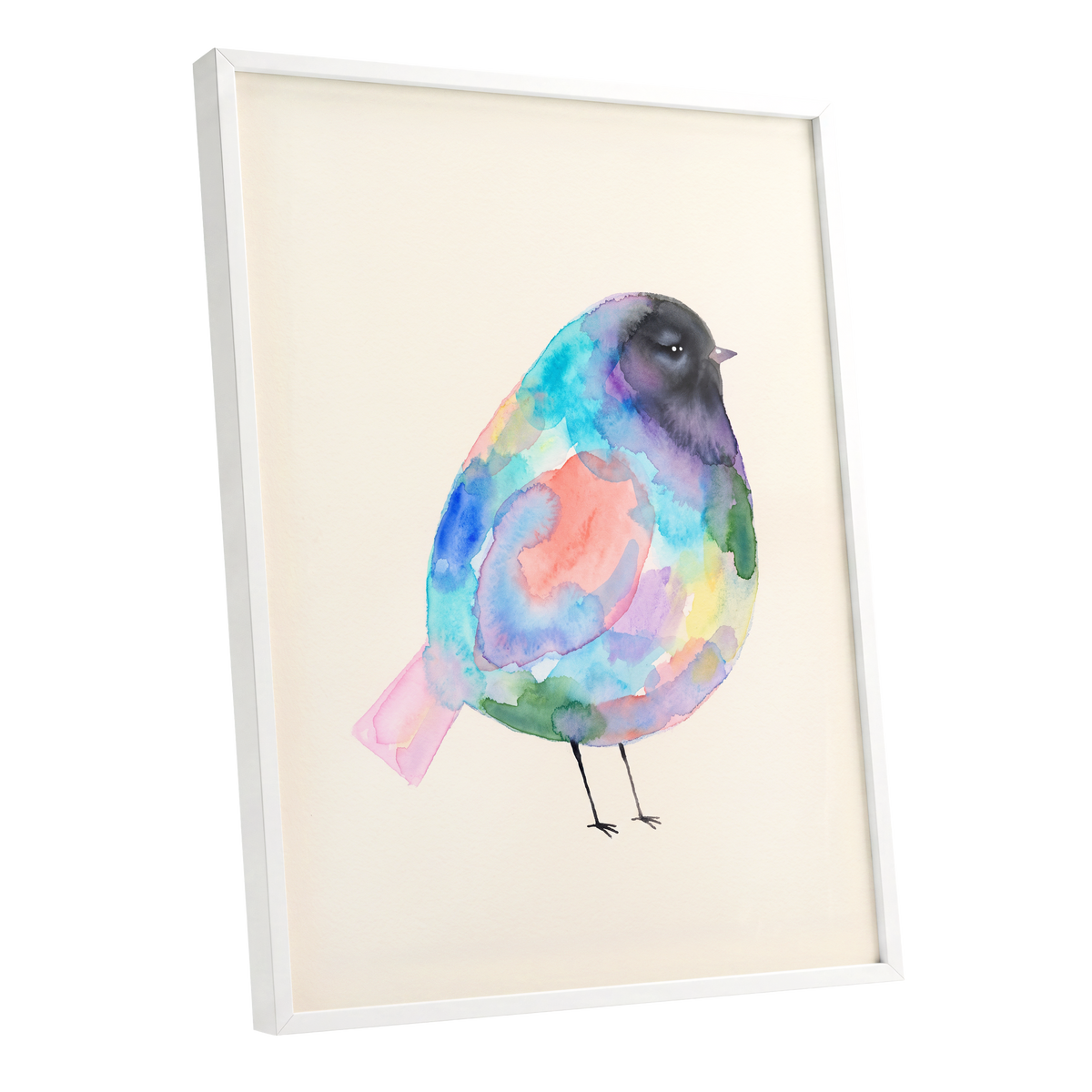Prismatic Songbird, multicolor, black, green nature wall art shown as a white framed poster wall art print