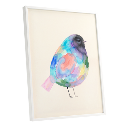 Prismatic Songbird, multicolor, black, green nature wall art shown as a white framed poster wall art print