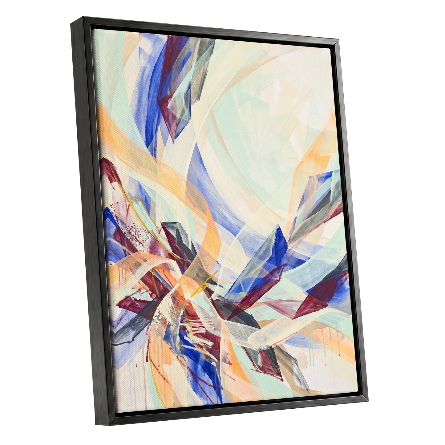 Prismatic Updraft, blue, green, beige abstract wall art shown as a black framed canvas wall art