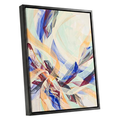 Prismatic Updraft, blue, green, beige abstract wall art shown as a black framed canvas wall art