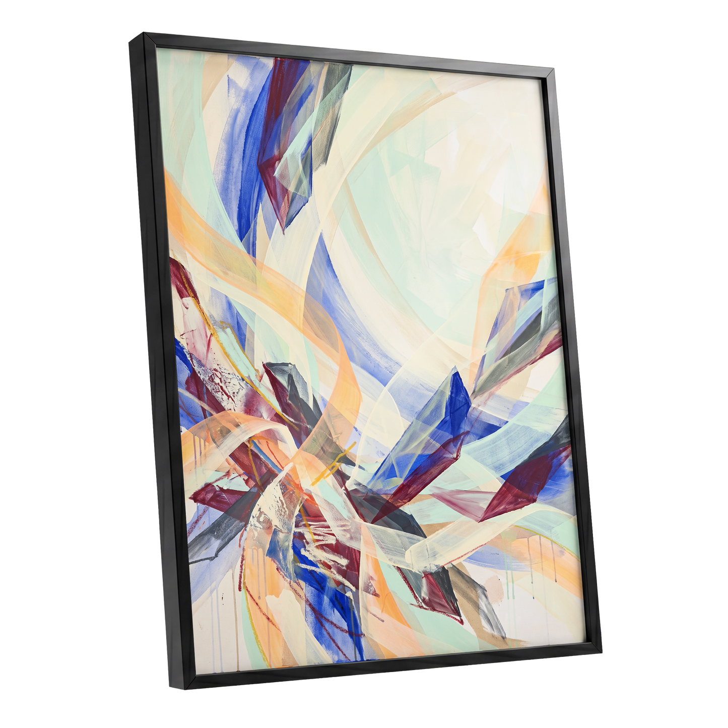 Prismatic Updraft, blue, green, beige abstract wall art shown as a black framed poster wall art print