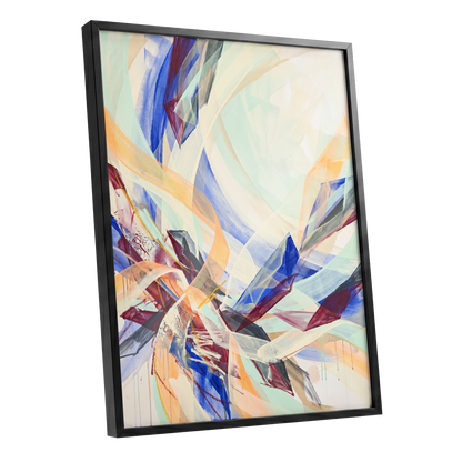 Prismatic Updraft, blue, green, beige abstract wall art shown as a black framed poster wall art print