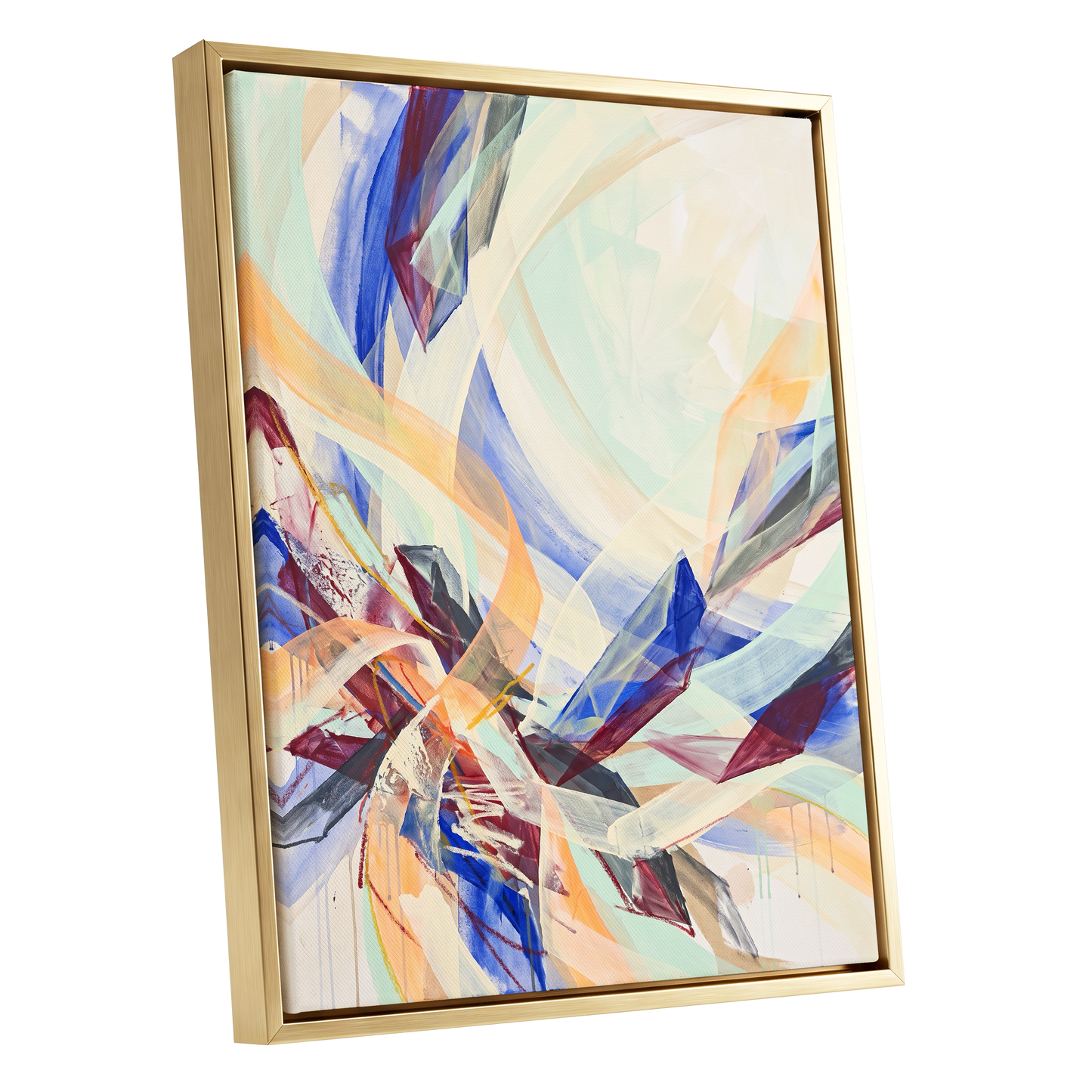 Prismatic Updraft, blue, green, beige abstract wall art shown as a gold framed canvas wall art