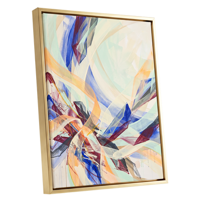 Prismatic Updraft, blue, green, beige abstract wall art shown as a gold framed canvas wall art