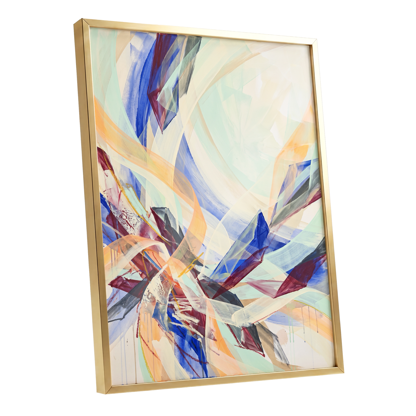 Prismatic Updraft, blue, green, beige abstract wall art shown as a gold framed poster wall art print