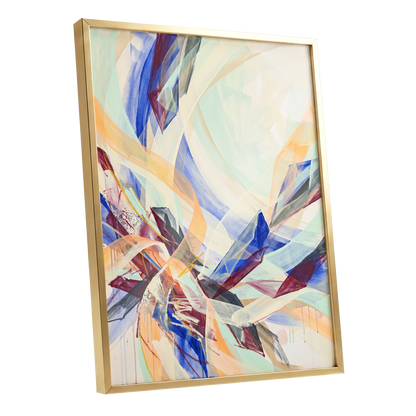 Prismatic Updraft, blue, green, beige abstract wall art shown as a gold framed poster wall art print
