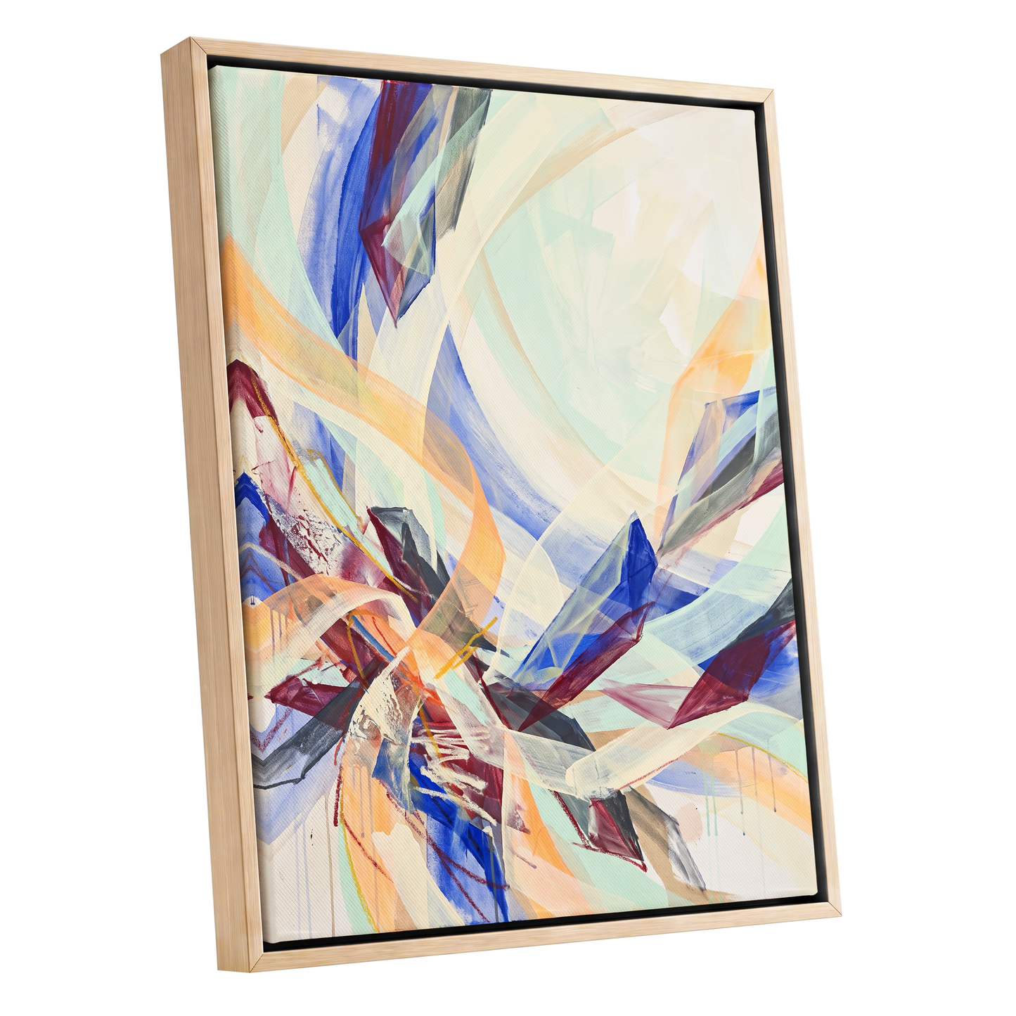 Prismatic Updraft, blue, green, beige abstract wall art shown as a oak framed canvas wall art