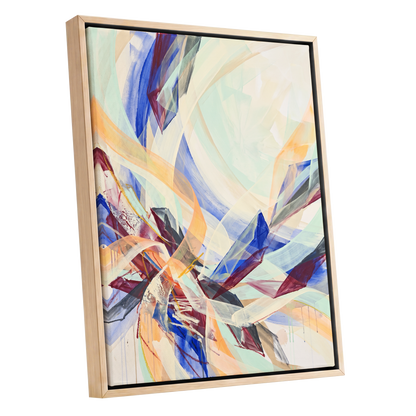 Prismatic Updraft, blue, green, beige abstract wall art shown as a oak framed canvas wall art
