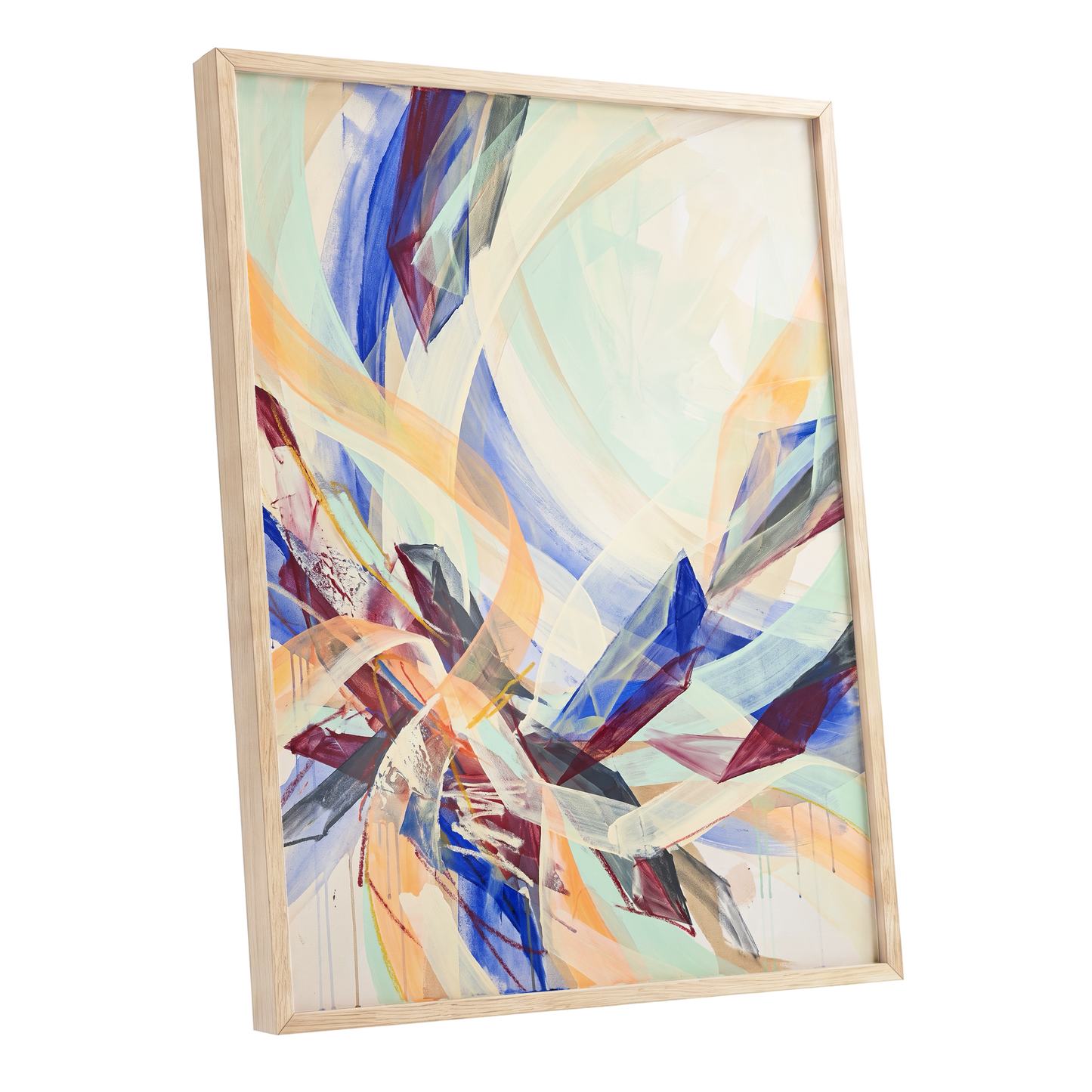 Prismatic Updraft, blue, green, beige abstract wall art shown as a oak framed poster wall art print