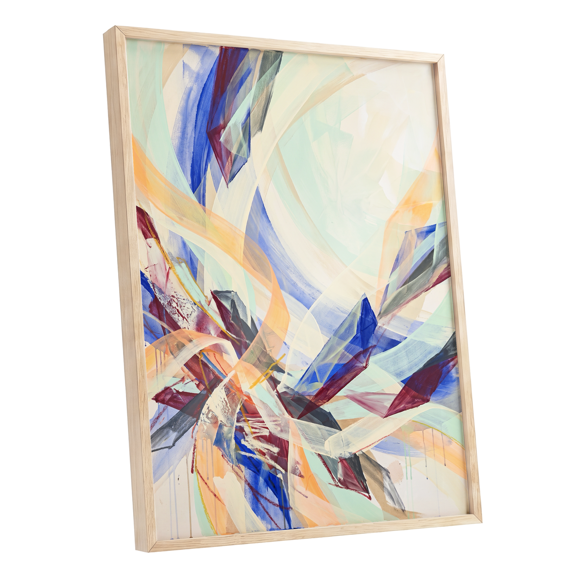Prismatic Updraft, blue, green, beige abstract wall art shown as a oak framed poster wall art print