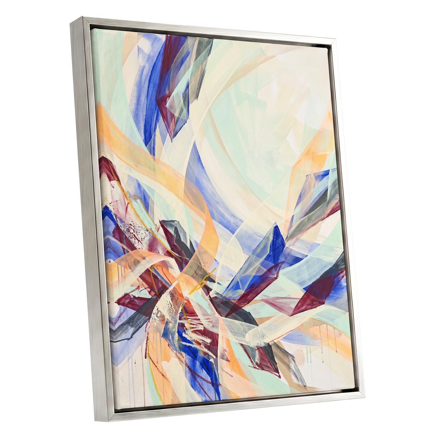 Prismatic Updraft, blue, green, beige abstract wall art shown as a silver framed canvas wall art