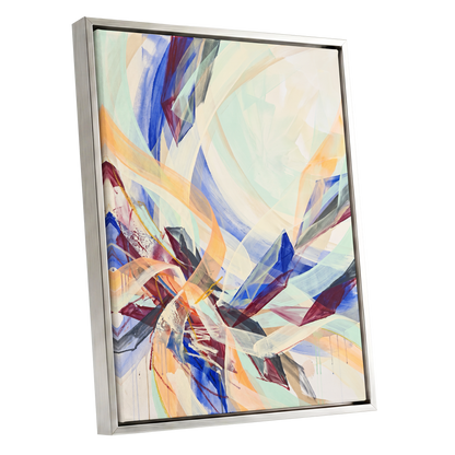 Prismatic Updraft, blue, green, beige abstract wall art shown as a silver framed canvas wall art