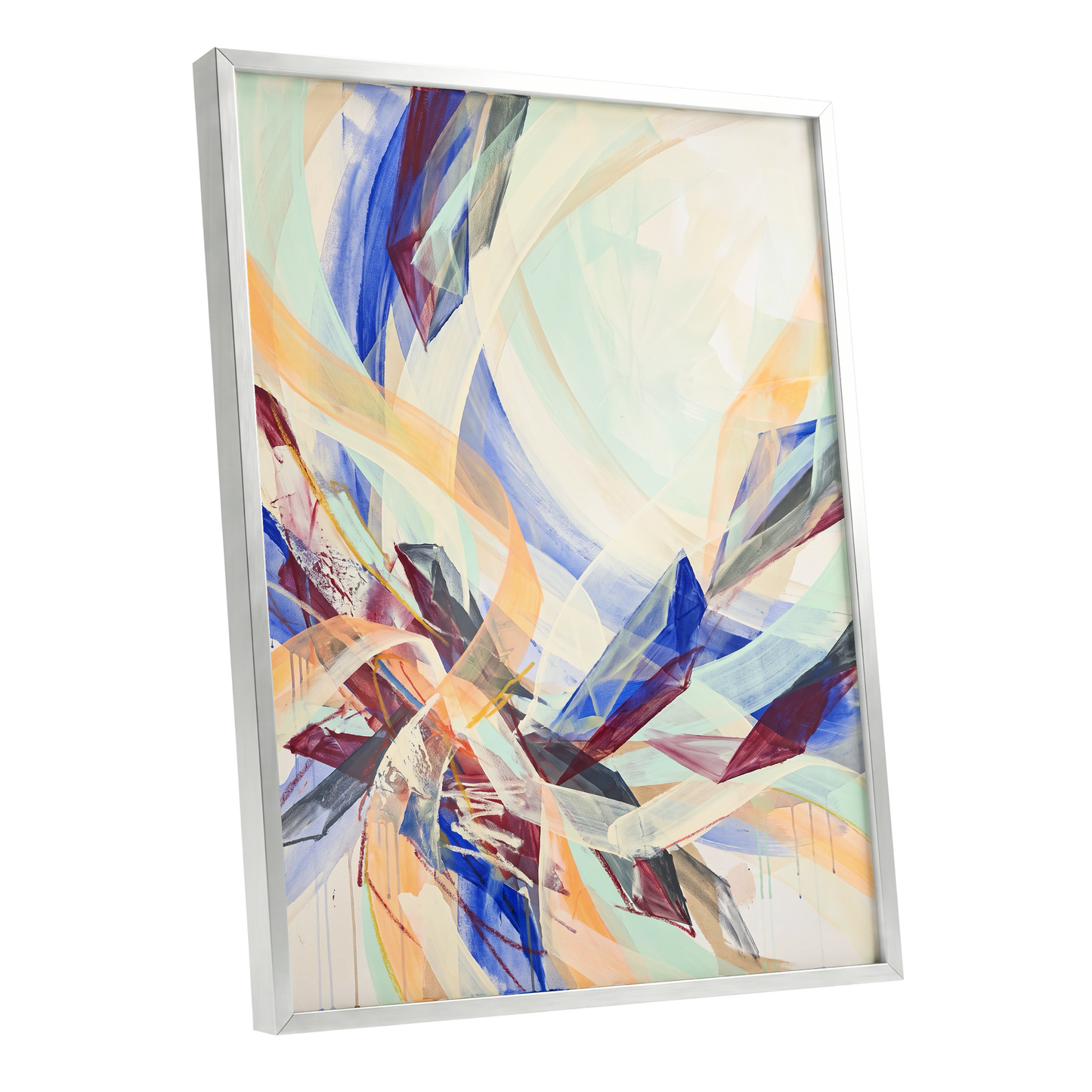 Prismatic Updraft, blue, green, beige abstract wall art shown as a silver framed poster wall art print