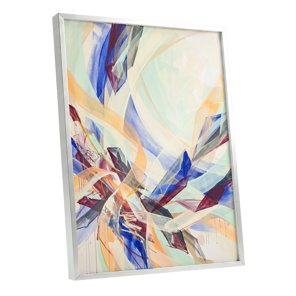 Prismatic Updraft, blue, green, beige abstract wall art shown as a silver framed poster wall art print