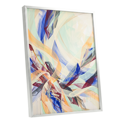 Prismatic Updraft, blue, green, beige abstract wall art shown as a silver framed poster wall art print