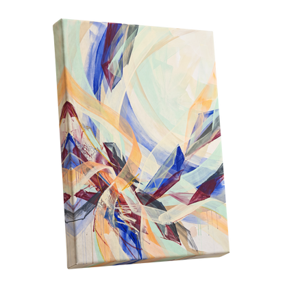 Prismatic Updraft, blue, green, beige abstract wall art shown as a stretched canvas wall art
