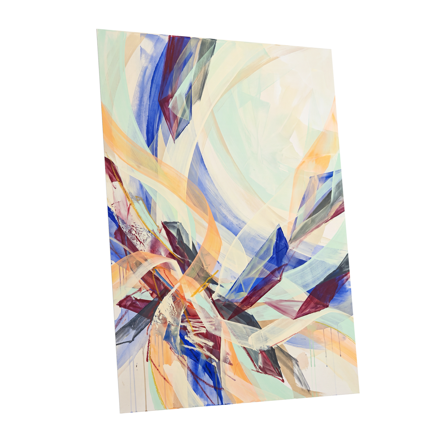 Prismatic Updraft, blue, green, beige abstract wall art shown as a unframed poster wall art print