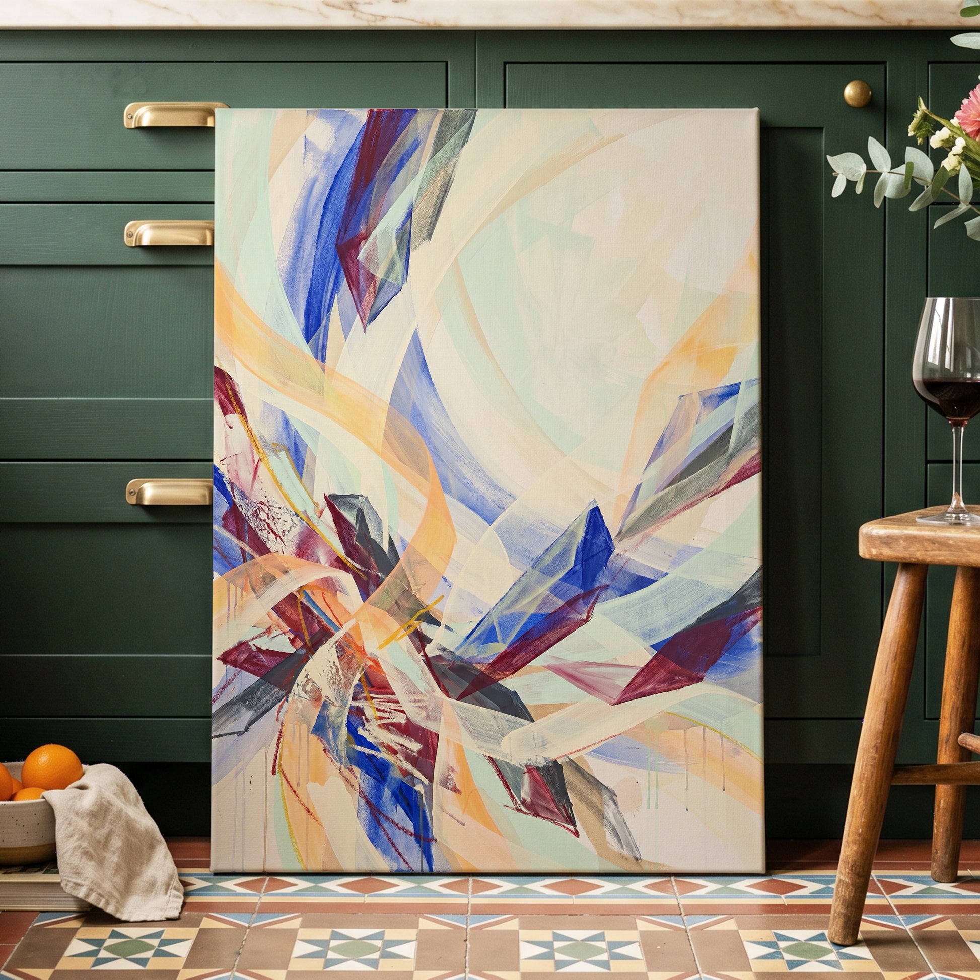 Prismatic Updraft, blue, green, beige abstract wall art displayed in a styled interior, gallery view 3