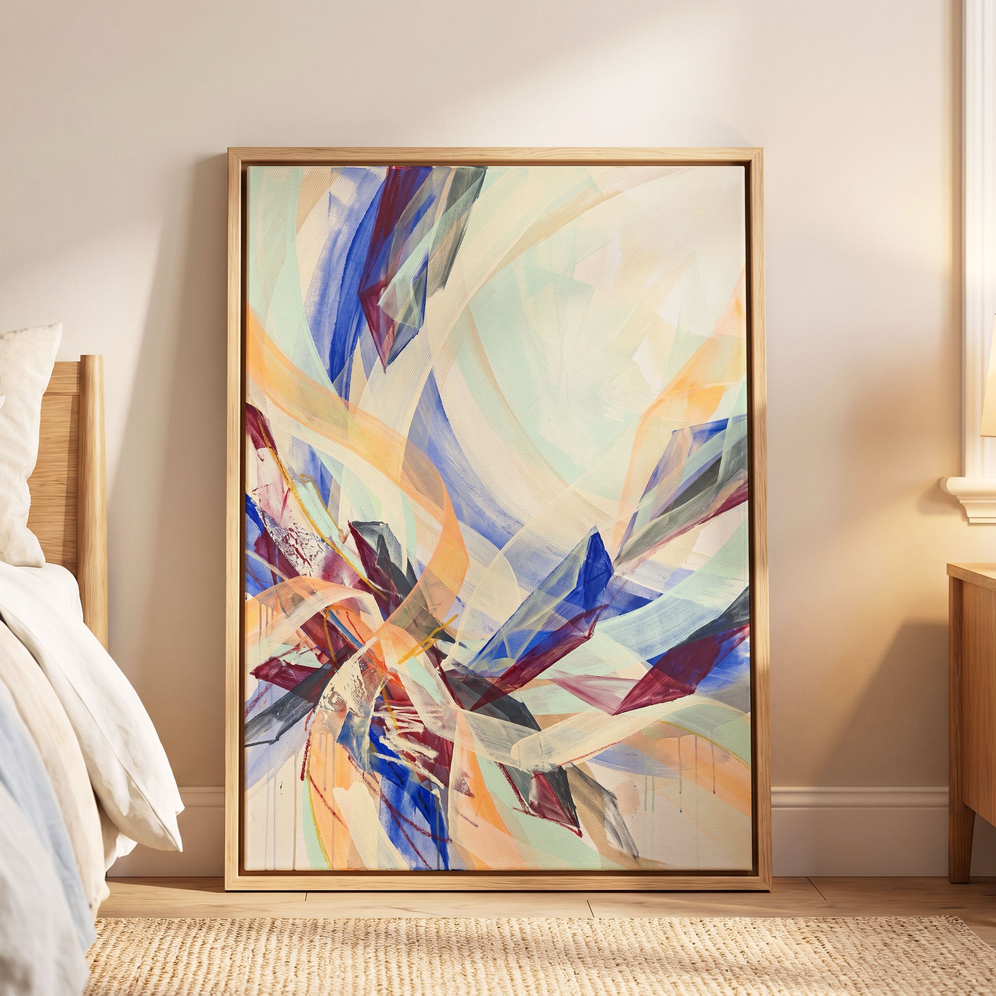 Prismatic Updraft, blue, green, beige abstract wall art displayed in a styled interior, gallery view 4