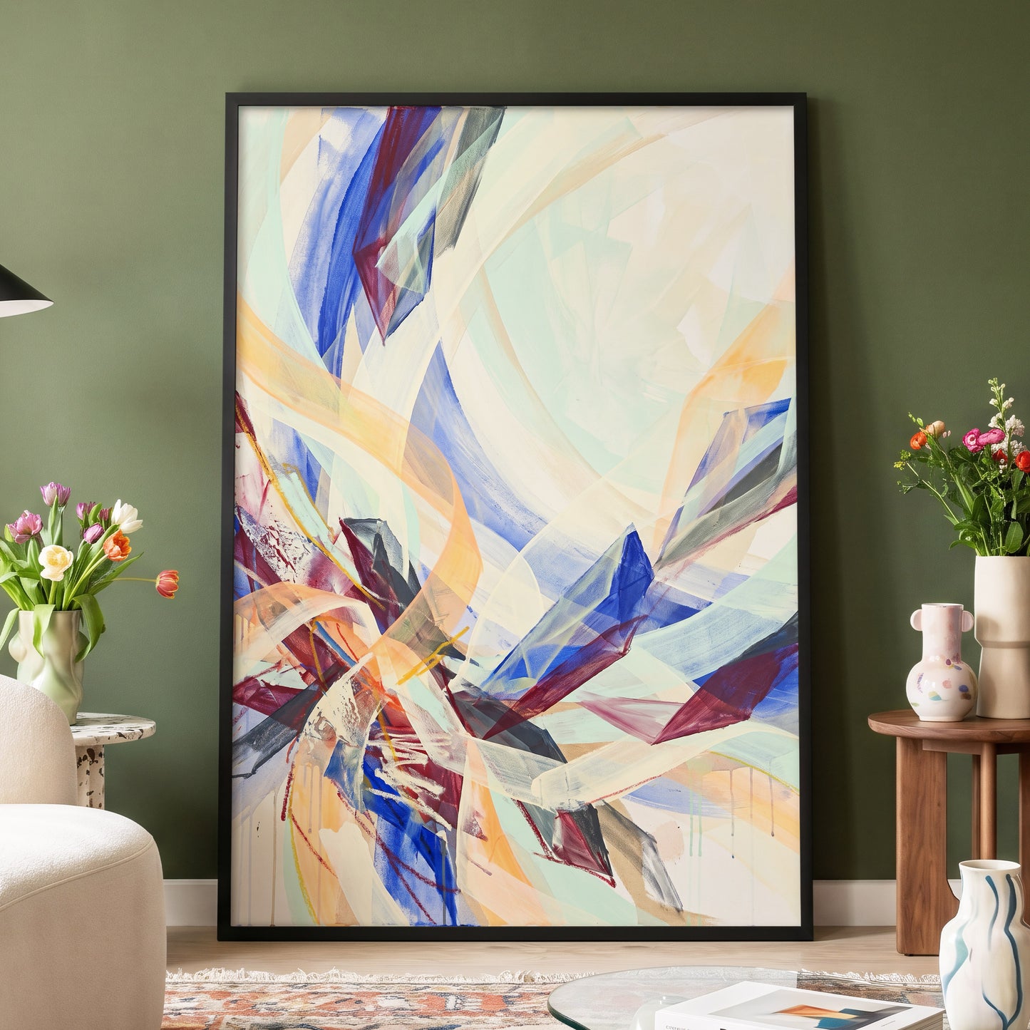 Prismatic Updraft, blue, green, beige abstract wall art displayed in a styled interior, gallery view 6