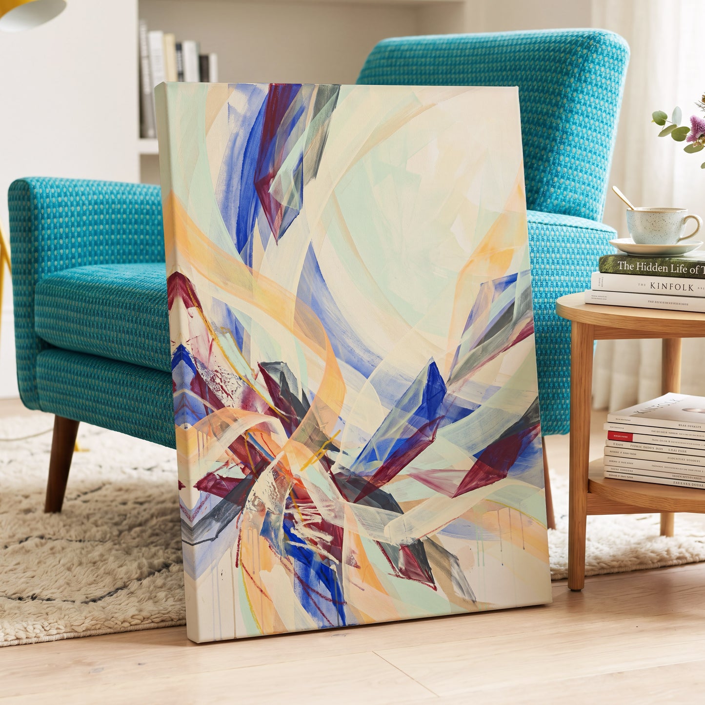 Prismatic Updraft, blue, green, beige abstract wall art displayed in a styled interior, gallery view 7