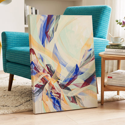 Prismatic Updraft, blue, green, beige abstract wall art displayed in a styled interior, gallery view 7
