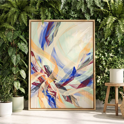 Prismatic Updraft, blue, green, beige abstract wall art displayed in a styled interior, gallery view 8