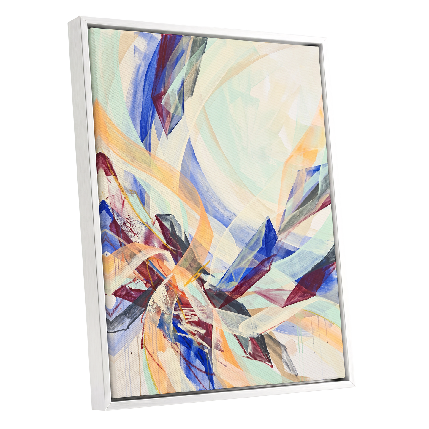 Prismatic Updraft, blue, green, beige abstract wall art shown as a white framed canvas wall art