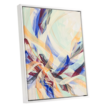 Prismatic Updraft, blue, green, beige abstract wall art shown as a white framed canvas wall art