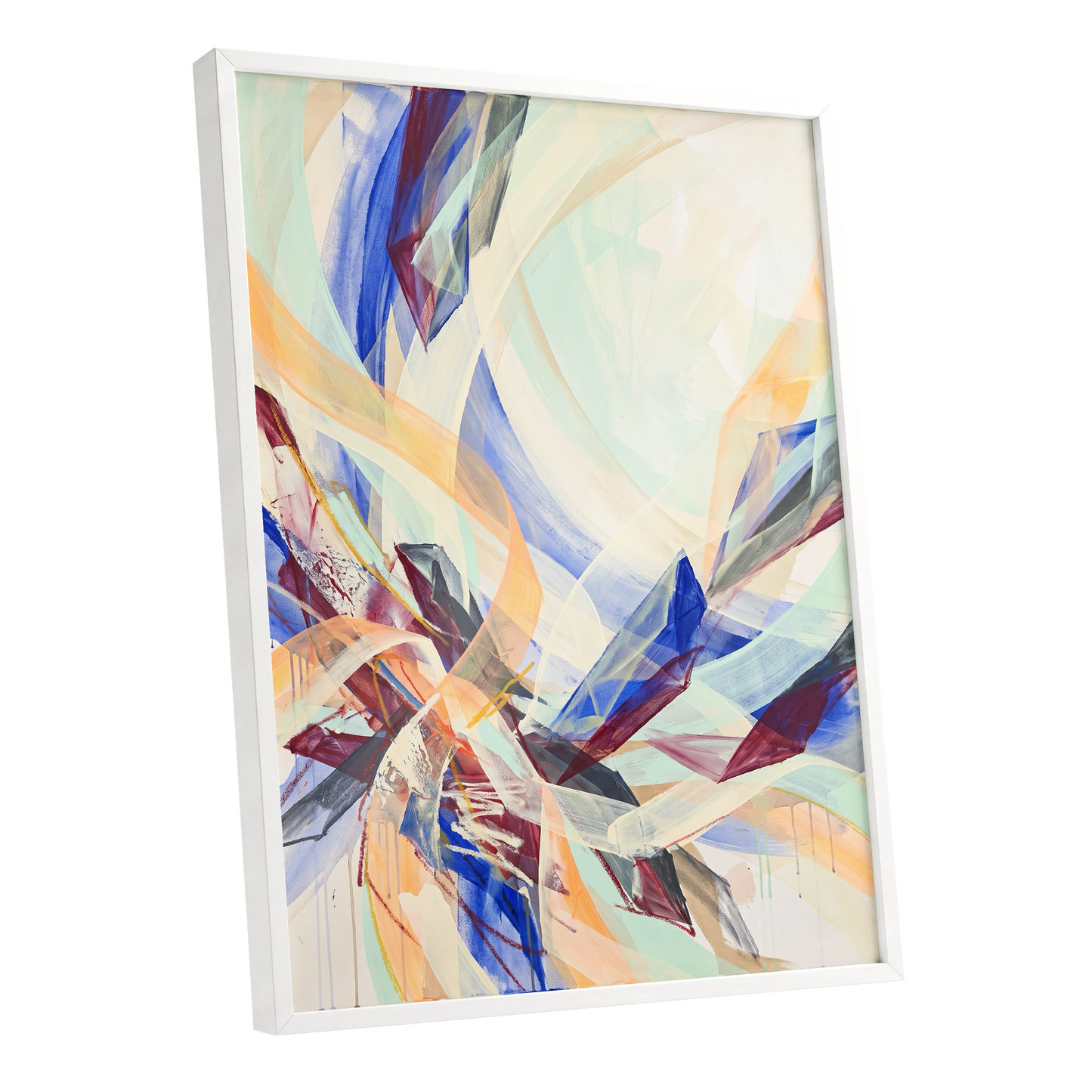 Prismatic Updraft, blue, green, beige abstract wall art shown as a white framed poster wall art print