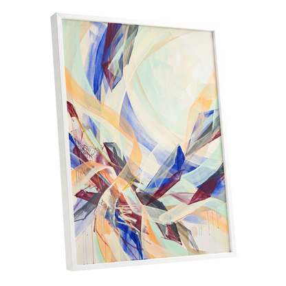 Prismatic Updraft, blue, green, beige abstract wall art shown as a white framed poster wall art print