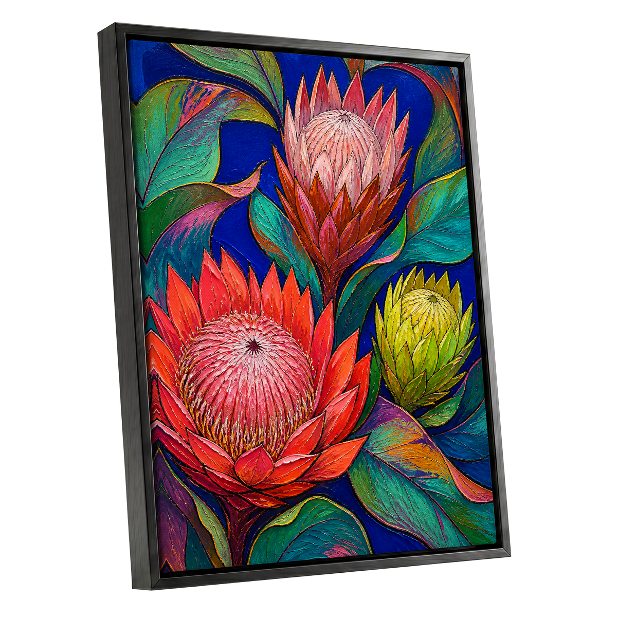 Protea Colourburst, red, pink, yellow floral wall art shown as a black framed canvas wall art