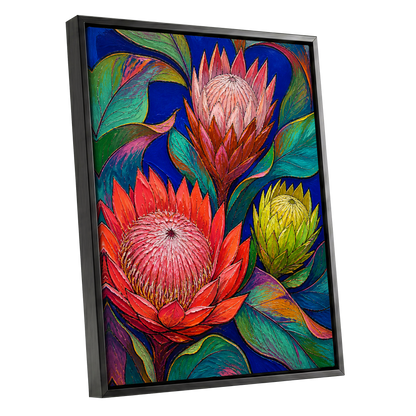 Protea Colourburst, red, pink, yellow floral wall art shown as a black framed canvas wall art
