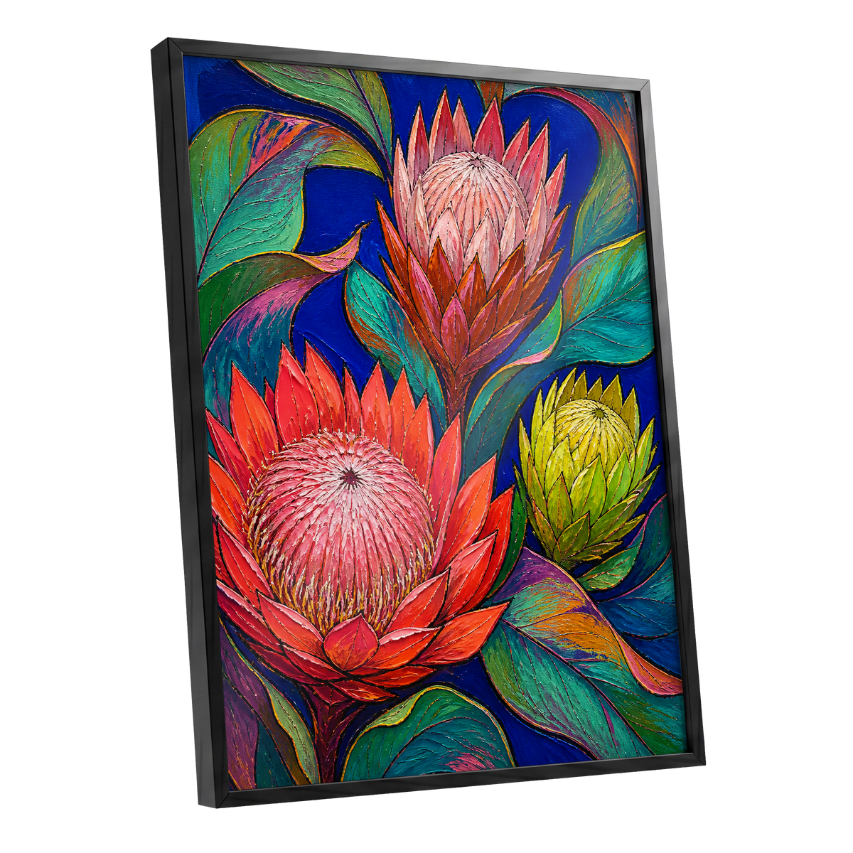 Protea Colourburst, red, pink, yellow floral wall art shown as a black framed poster wall art print