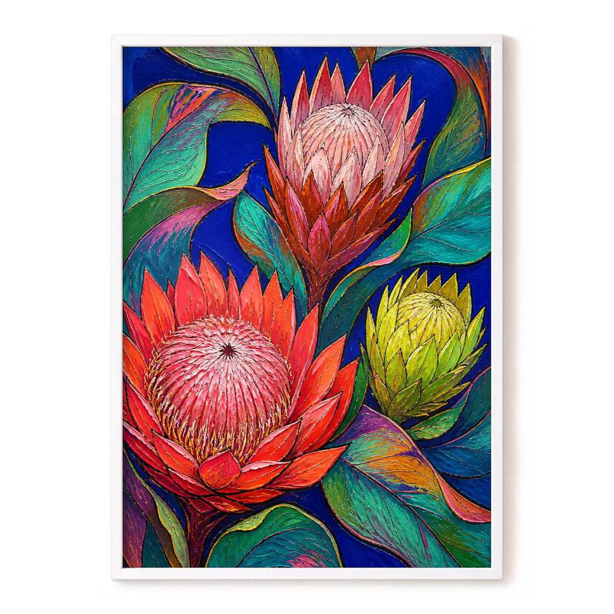 Protea Colourburst, red, pink, yellow floral wall art, front artwork view