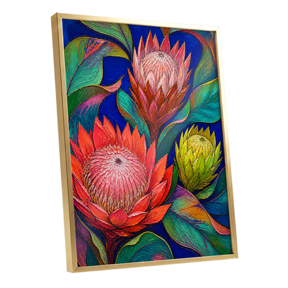 Protea Colourburst, red, pink, yellow floral wall art shown as a gold framed poster wall art print