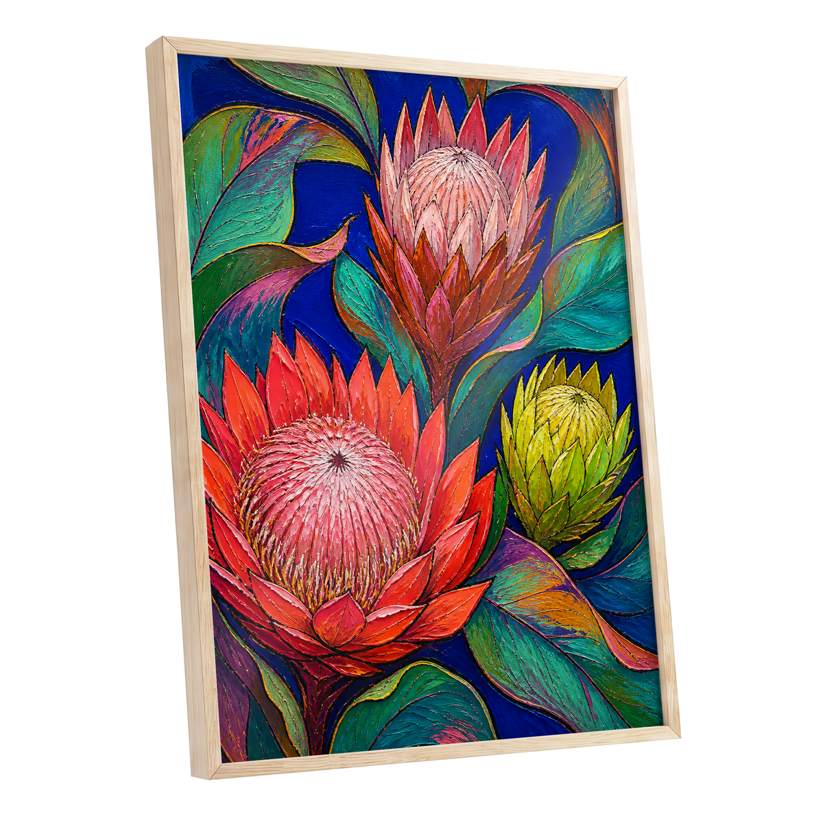 Protea Colourburst, red, pink, yellow floral wall art shown as a oak framed poster wall art print