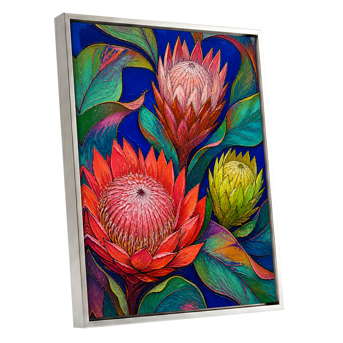 Protea Colourburst, red, pink, yellow floral wall art shown as a silver framed canvas wall art