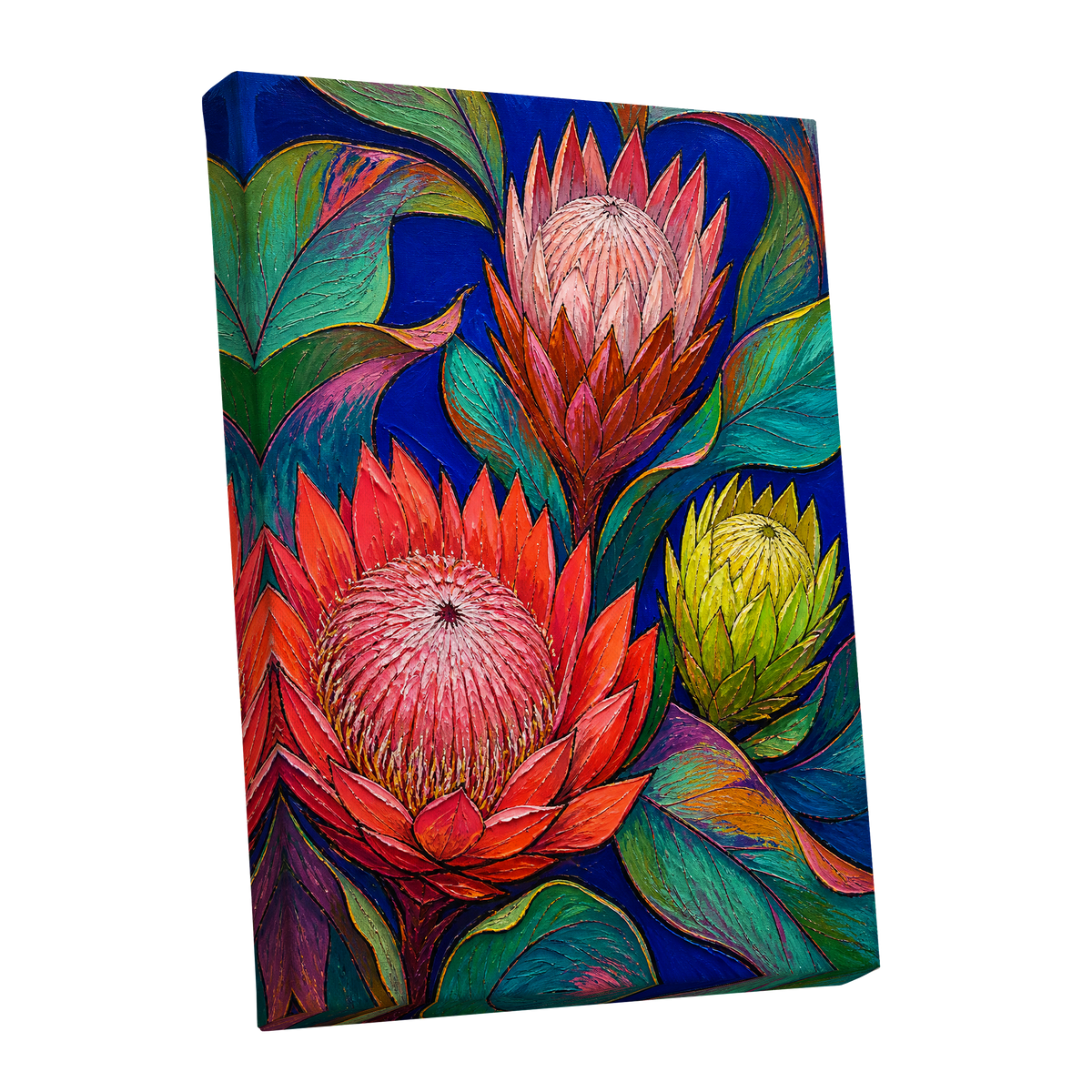 Protea Colourburst, red, pink, yellow floral wall art shown as a stretched canvas wall art