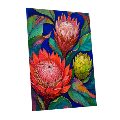 Protea Colourburst, red, pink, yellow floral wall art shown as a unframed poster wall art print