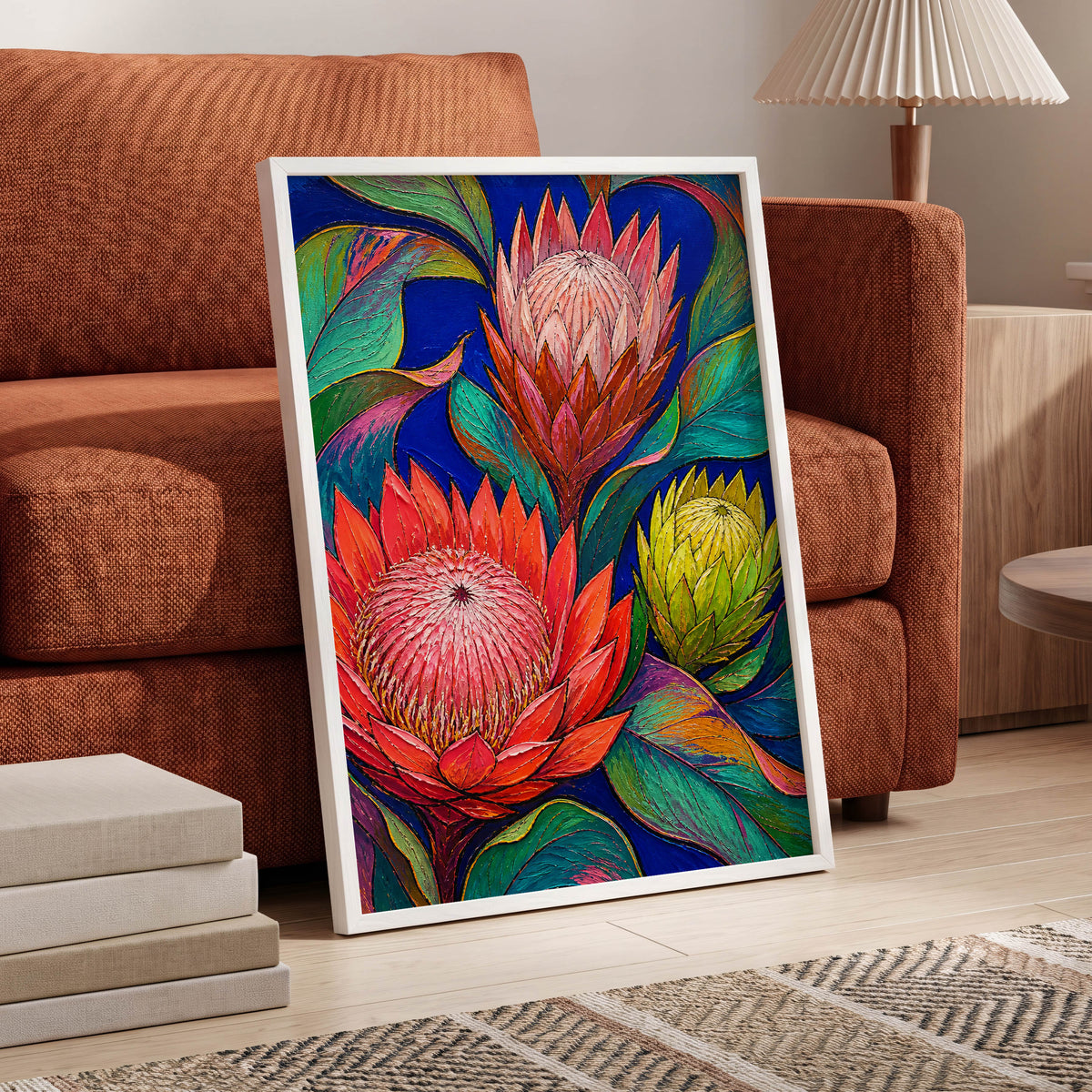 Protea Colourburst, red, pink, yellow floral wall art displayed in a styled interior, gallery view 2