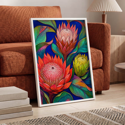 Protea Colourburst, red, pink, yellow floral wall art displayed in a styled interior, gallery view 2