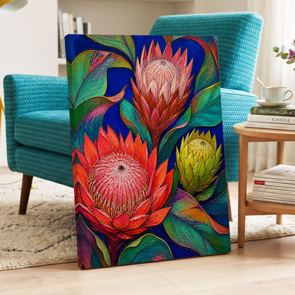 Protea Colourburst, red, pink, yellow floral wall art displayed in a styled interior, gallery view 3