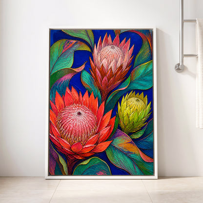 Protea Colourburst, red, pink, yellow floral wall art displayed in a styled interior, gallery view 4