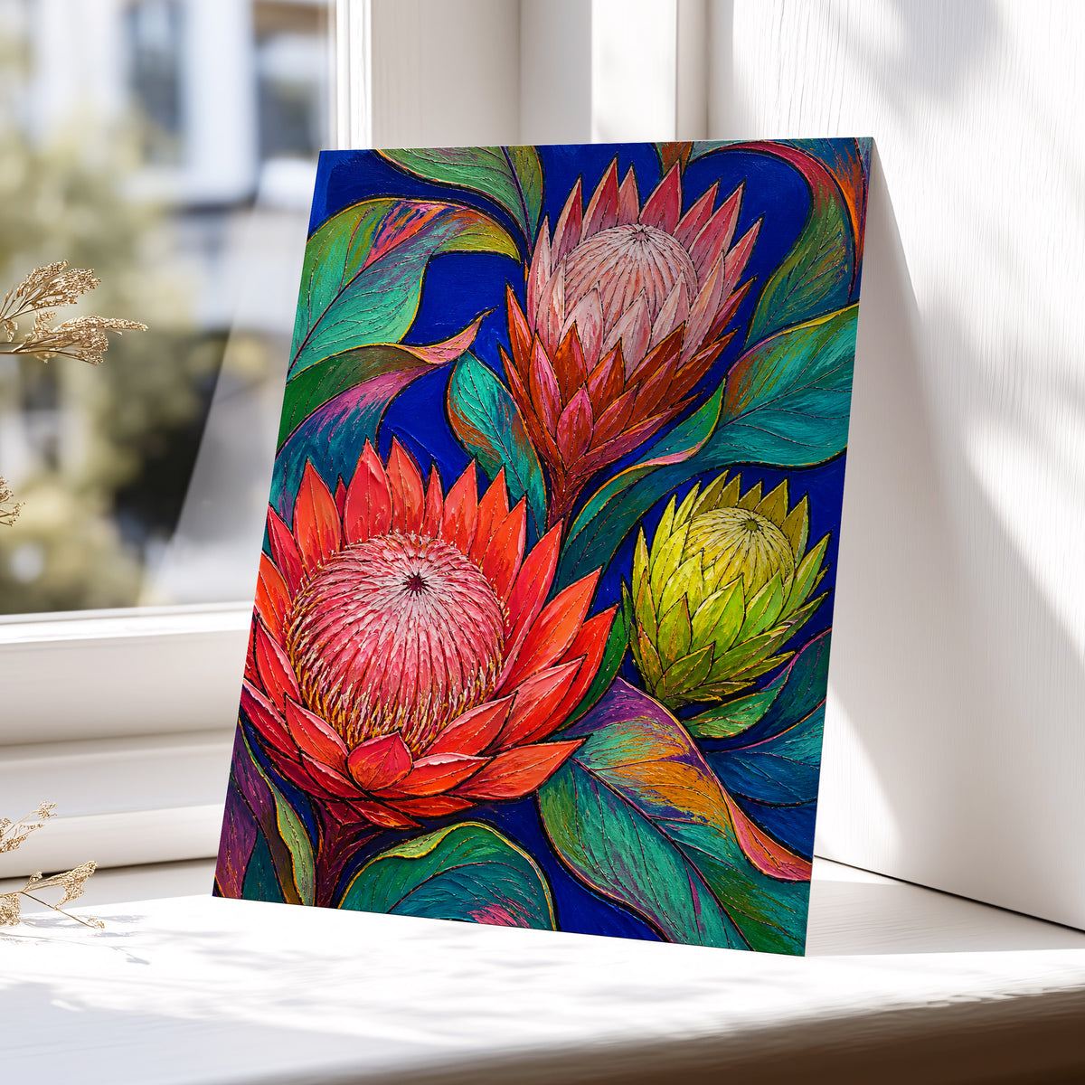 Protea Colourburst, red, pink, yellow floral wall art displayed in a styled interior, gallery view 5